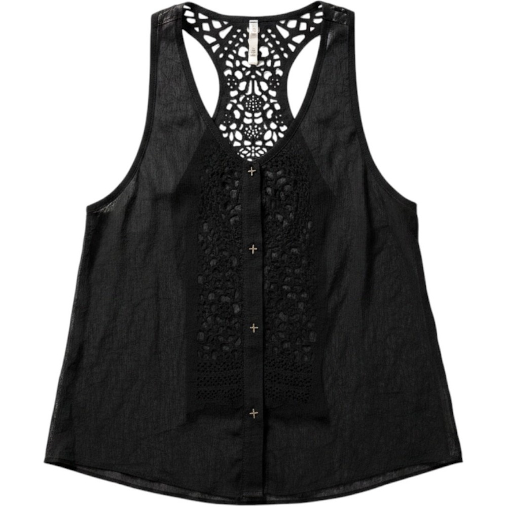 Womens Large Black Sheer Laser Cut Cross Buttons Edgy Good